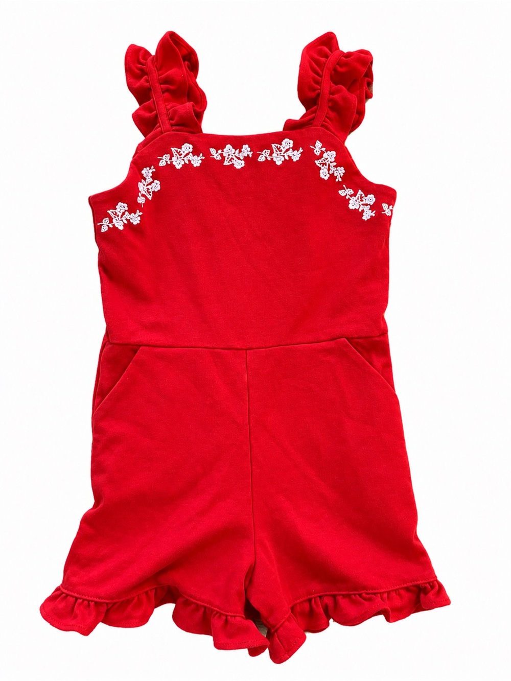 Janie and Jack Red Ruffle Romper with Floral Embroidery